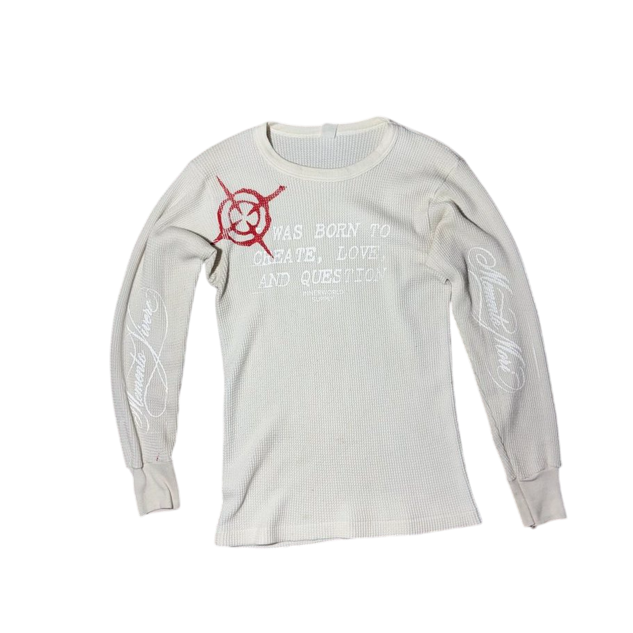 Waffle-knit thermal with crosshair target chest print and Memento Mori / Memento Vivere sleeve script