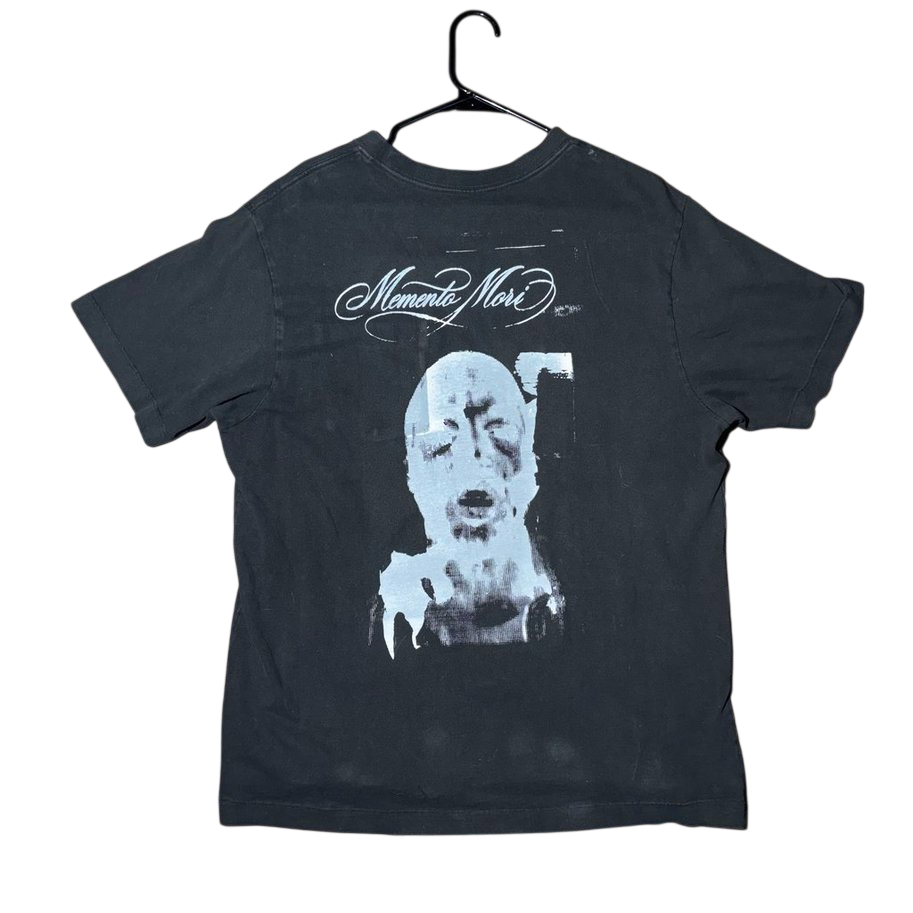 Black cotton tee with halftone portrait print and Memento Mori script on the back