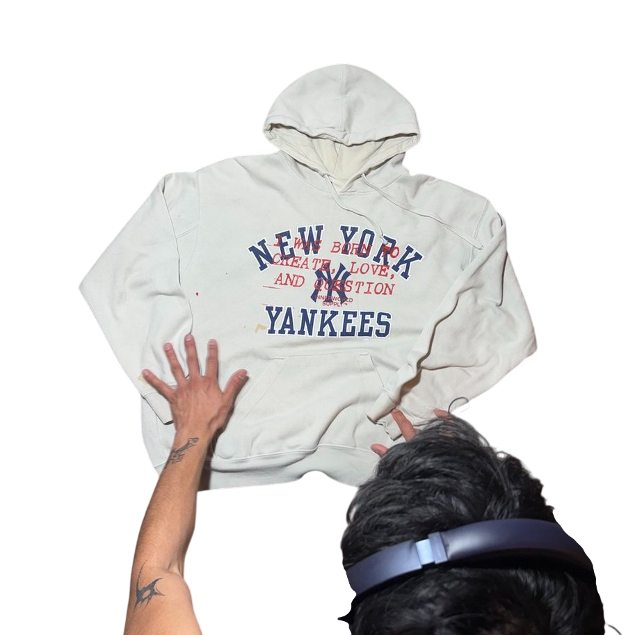 Reconstructed vintage New York Yankees hoodie with Born To Create screenprint worked into the graphic