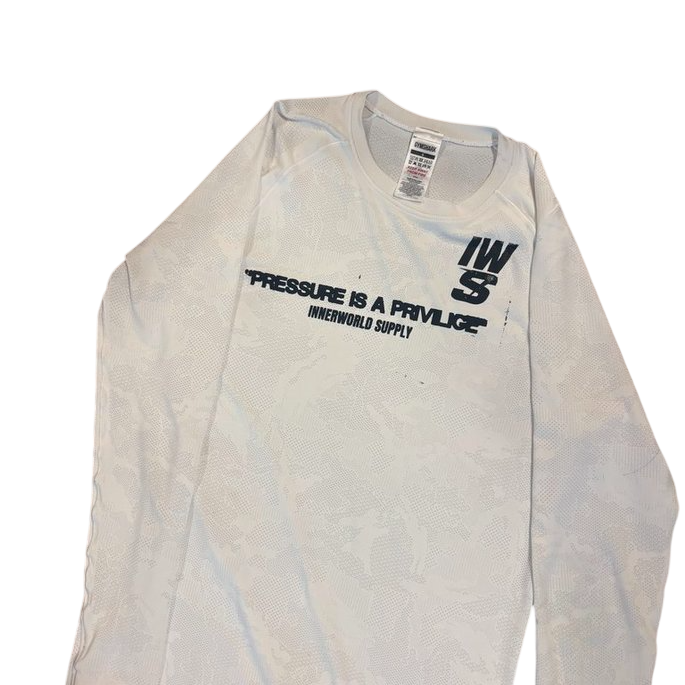 Performance athletic long-sleeve top with 'Pressure Is A Privilege' chest print and IWS stencil hit