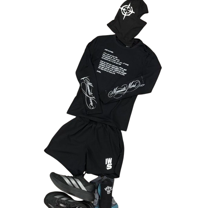 Full IWS marathon look: custom long-sleeve tee, ski mask, and shorts