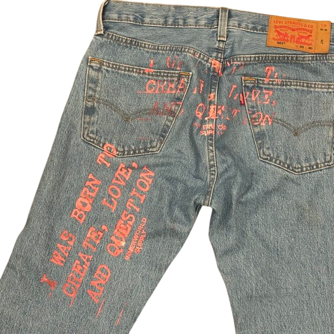 Reconstructed Levi's 501 denim, red distressed screenprint on back panel and thigh